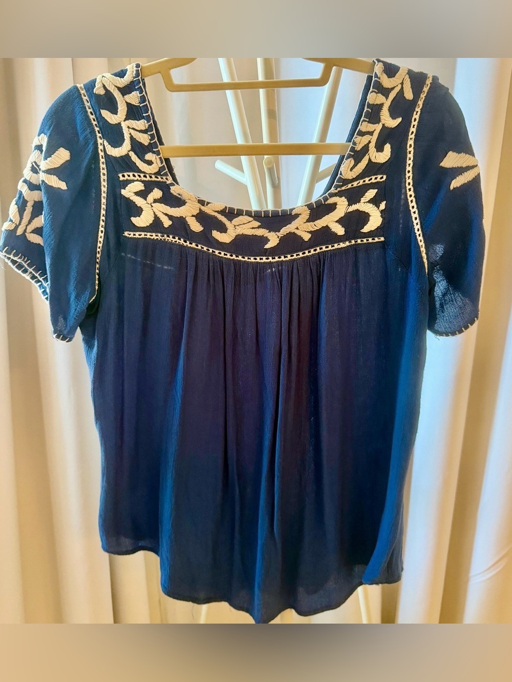 Embroidered Square-Neck Navy Blue Women's Tunic Top
